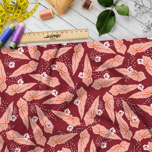 Ткань шелк Армани коралловый лотос на красном фоне