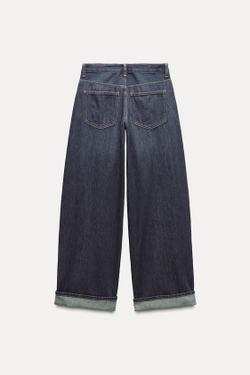 ZARA ДЖИНСЫ TRF RELAXED С НИЗКОЙ ПОСАДКОЙ И ОТВОРОТАМИ, ТЕМНЫЙ ИНДИГО