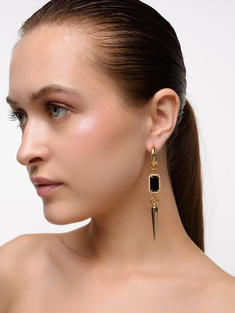 Серьги "Star pearl thorn" c черным агатом Gold