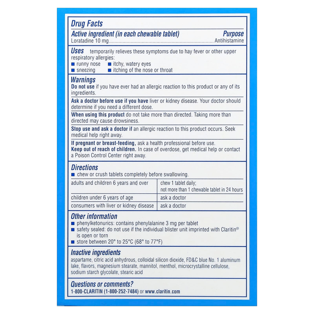Claritin, Non-Drowsy, лоратадин, жевательные таблетки, со вкусом мяты, 10 мг, 24 жевательные таблетки