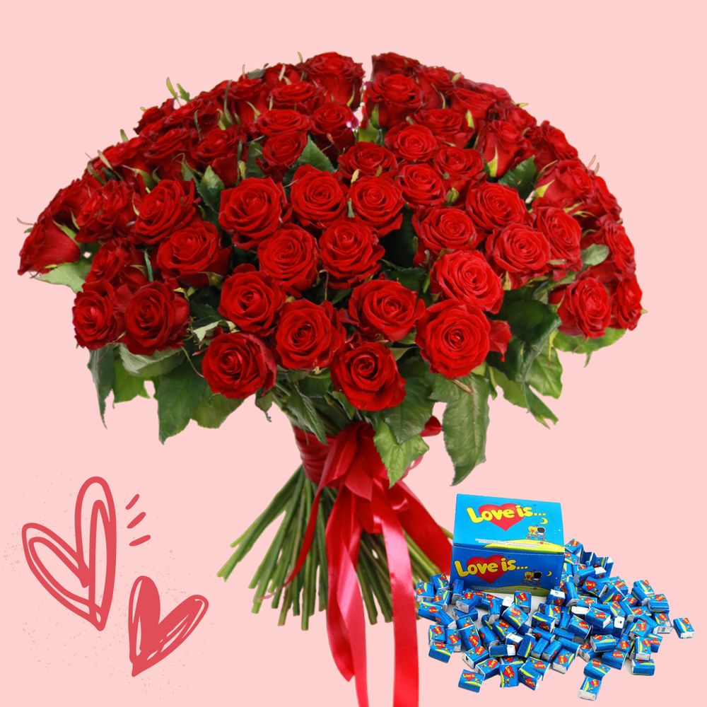 COMBO 101 Russian red roses + package of chewing gum mix &quot;Love is&quot;