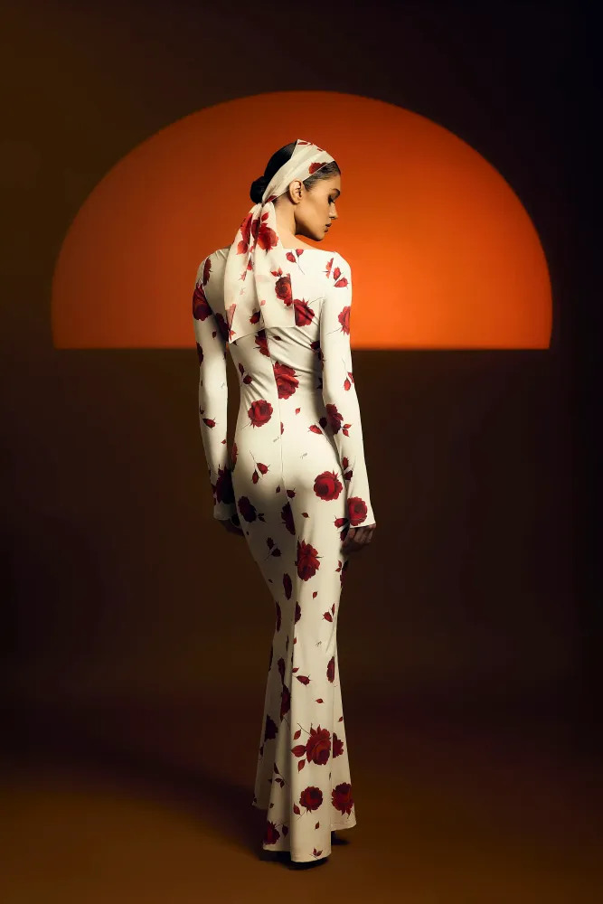 Нэтти макси (Netty maxi), платье макси с длинным рукавом из молочного бифлекса с цветочным принтом