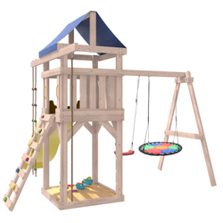Детская площадка неокрашенная с качелями лодочка и разноцветным гнездом Свиби IgroWoods для улицы и дачи