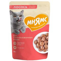 Влажный корм для стерилизованных кошек Мнямс Кусочки в соусе с лососем, Пауч 85 г