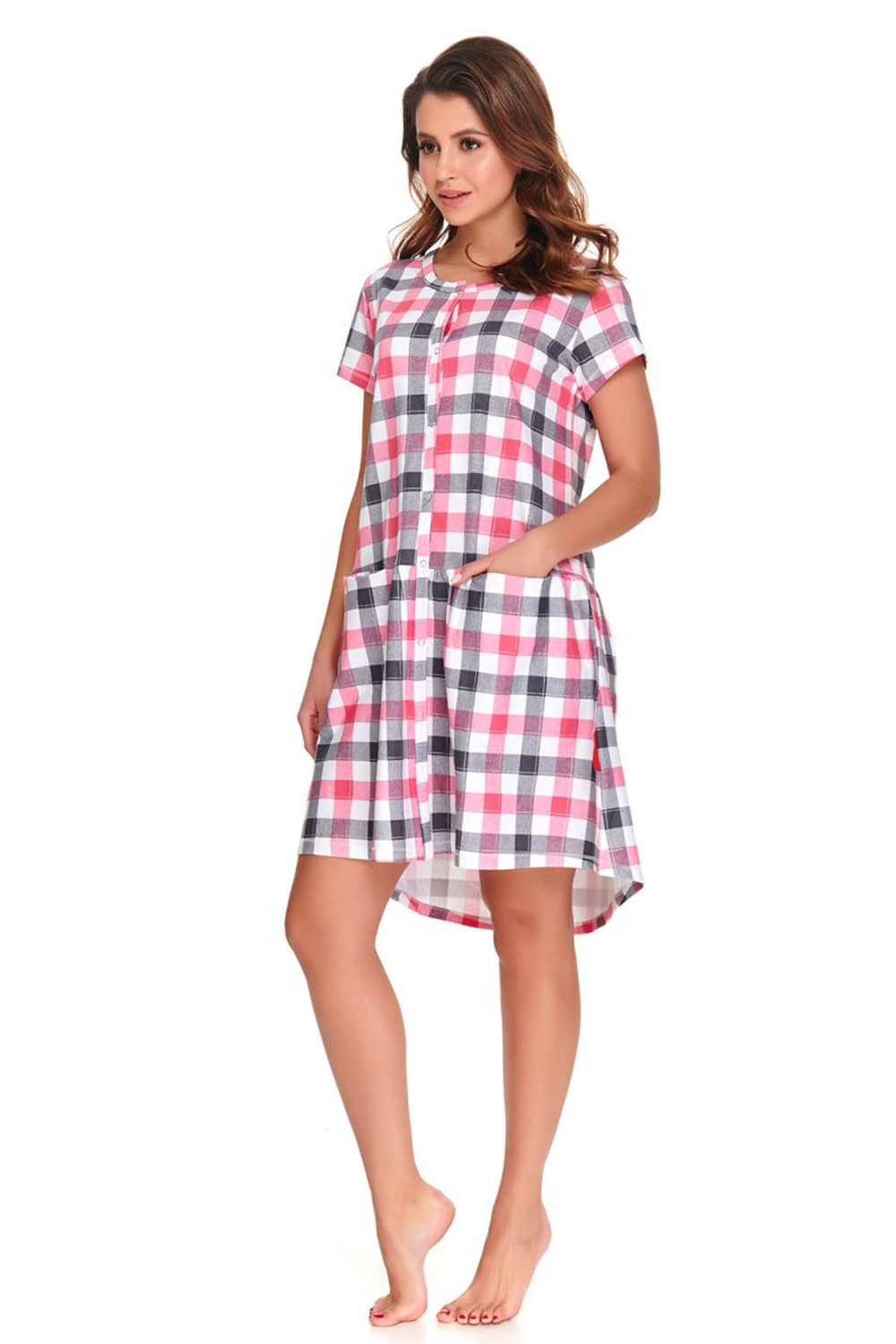 Клетчатое домашнее платье с кармашками (Размер: XL) (Цвет: розовый с серым)