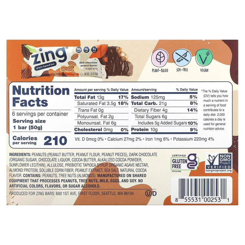 Zing Bars, растительный батончик, темный шоколад с арахисовой пастой в арахисовой пасте, 6 батончиков по 50 г (1,74 унции)