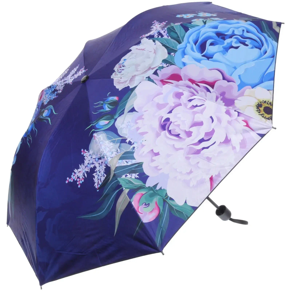 Зонт механический ветроустойчивый, матовая ручка «BESTzontik» цветы на темно синем, длина 25см, d-110см