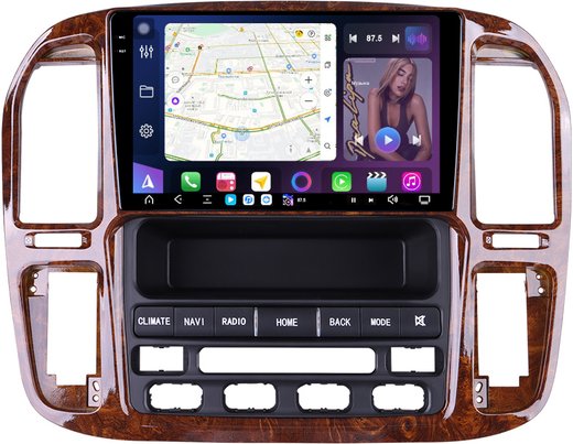 Магнитола для Toyota Land Cruiser 100, Lexus LX470 1998-2002 (климат на ШГУ, рамка дерево) - FarCar XXL9-9608F4 монитор 9.5" 2K QLED на Android 14, TS20, 8+256Гб, CarPlay, 4G SIM-слот
