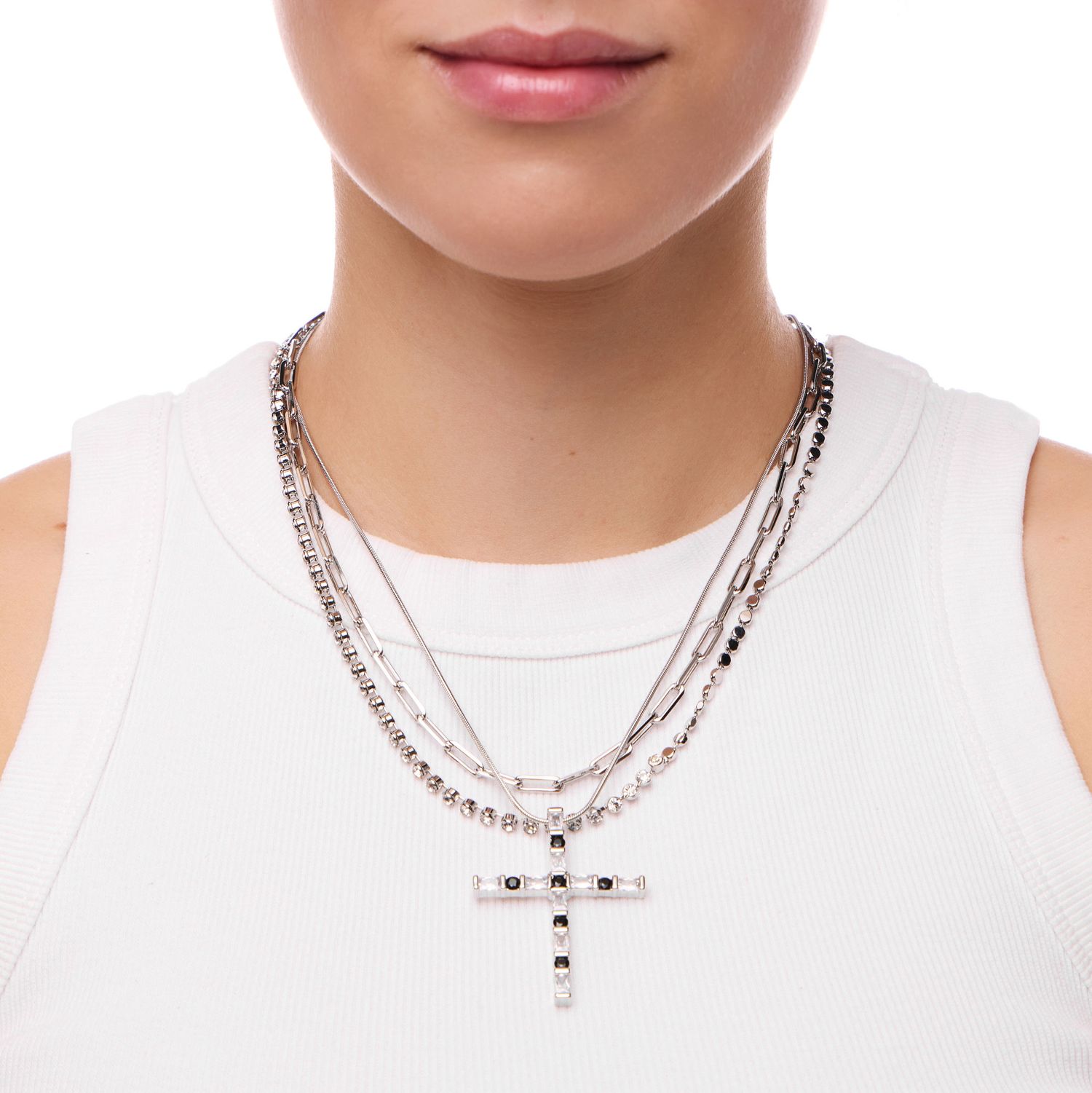 Колье Silver Layered Necklace With A Cross And Black Crystals