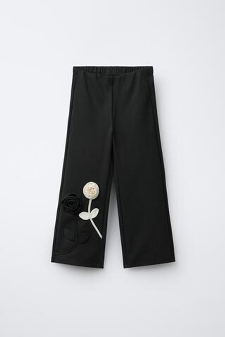 ZARA ШИРОКИЕ БРЮКИ С АТЛАСНЫМ ЦВЕТКОМ, ЧЕРНЫЙ