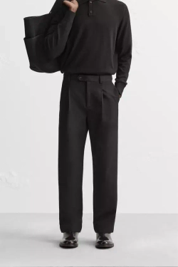 ZARA БРЮКИ ИЗ ХЛОПКА И ШЕРСТИ СО СКЛАДКАМИ, ЧЕРНЫЙ