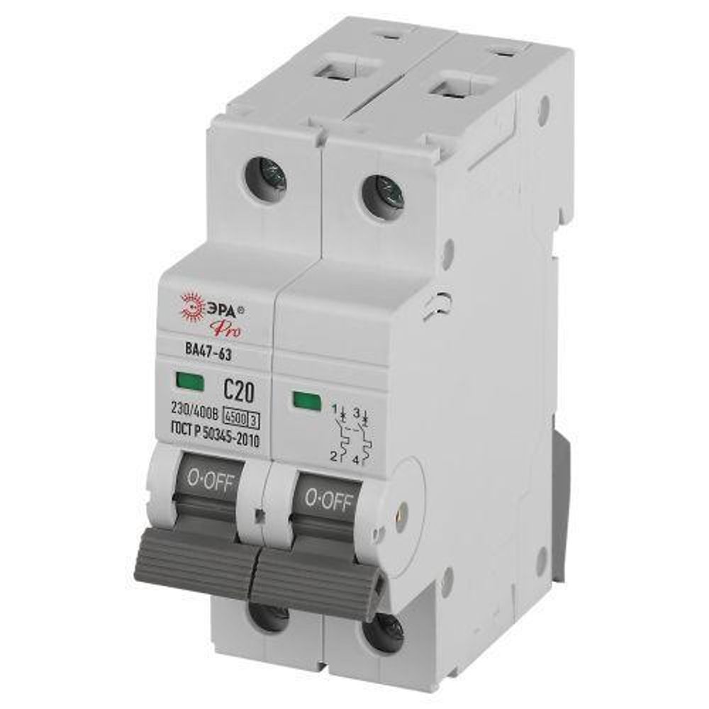 Выключатель автоматический 2п C 20А 4.5кА ВА47-63 PRO ЭРА Б0059423 Выключатель автоматический 2п C 20А 4.5кА ВА47-63 PRO ЭРА Б0059423