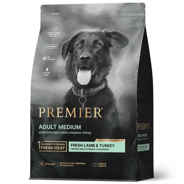 Уценка! Срок 03.26/ Сухой корм Premier Dog Lamb&Turkey Adult Medium для собак средних пород из свежего мяса ягненка с индейкой