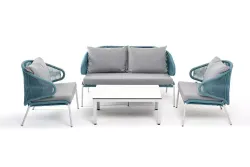 "Милан" лаунж-зона 4-местная плетеная из роупа (веревки), каркас алюминиевый светло-серый, роуп бирюзовый