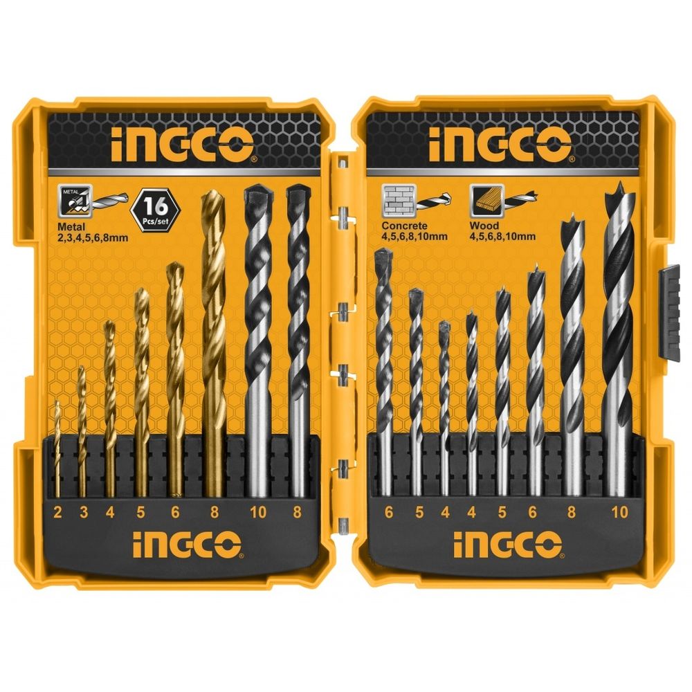 Набор сверл по металлу, бетону, дереву INGCO AKD9165 16 шт.
