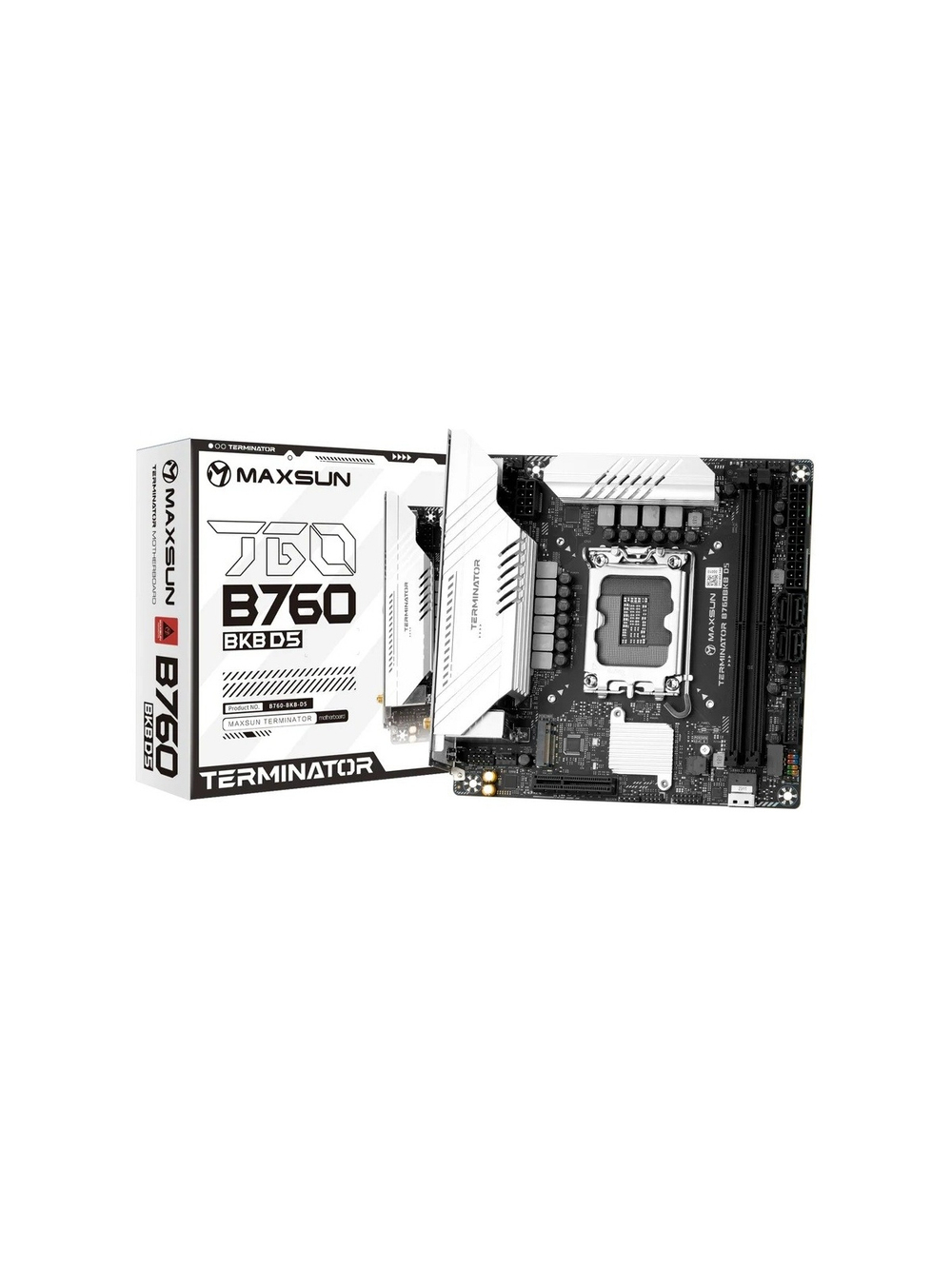 MAXSUN MS-Terminator B760BKB D5 WIFI (Socket 1700, mATX, 2*DDR5(96Gb), DP/HDMI, 2*SATA3, 4*M.2, 1xPCI-Ex16/1*PCIEx4, 4*USB 2.0, 4*USB 3.2 5G, LAN 1*2.5G,  BT, Wi-Fi 6E, RTL)