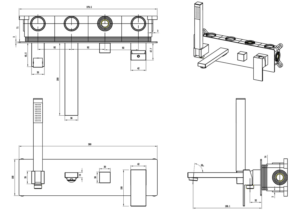 Boheme Смеситель для ванны встроенный Qubic Matt Gold