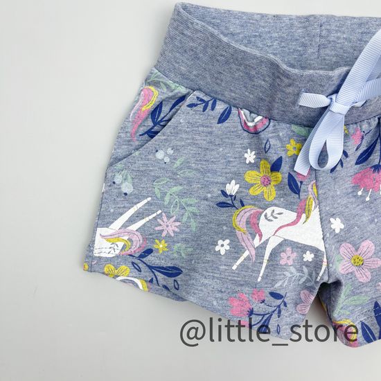 Шорты "Единороги в цветах" хлопковые, Серо-голубые