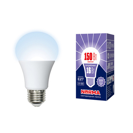LED-A60-16W-DW-E27-FR-NR Лампа светодиодная. Форма A. матовая. Серия Norma. Дневной белый свет 6500K. Картон. ТМ Volpe