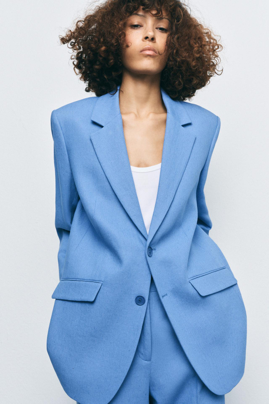 ZARA БЛЕЙЗЕР ИЗ СМЕСОВОГО ЛЬНА — ZW COLLECTION, НЕБЕСНО-ГОЛУБОЙ
