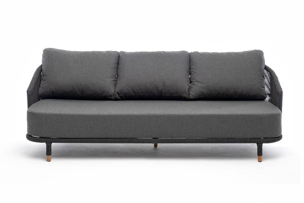 "Верона" диван 3-местный плетеный из роупа, каркас алюминий темно-серый (RAL7024) муар, роуп темно-серый круглый, ткань темно-серая 027