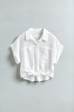 ZARA РУБАШКА ИЗ РЕЛЬЕФНОЙ ТКАНИ С УЗЛОМ, БЕЛЫЙ