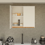 Навесной кухонный шкаф для посуды 80х32х75 Валенсия 2 двери с дубовой панелью / кухонный модуль с полкой / белый, массив дуба