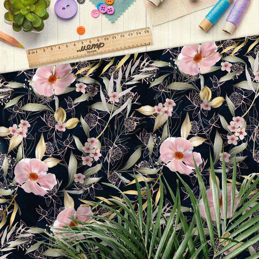 Ткань шелк Армани маслом нарисованные цветы, листва и клевер