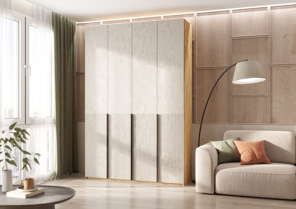 Шкаф для одежды распашной с полками и штангой 3 створки Браш Вайт/Дуб Крафт 120х 51х 240 см