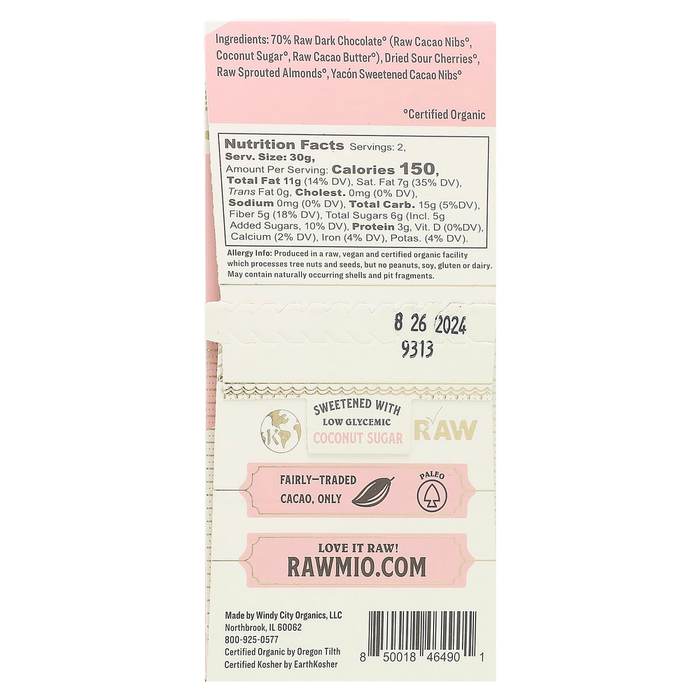 Rawmio, Каменный необработанный шоколад, вишня и миндаль, 60 г (2,12 унции)