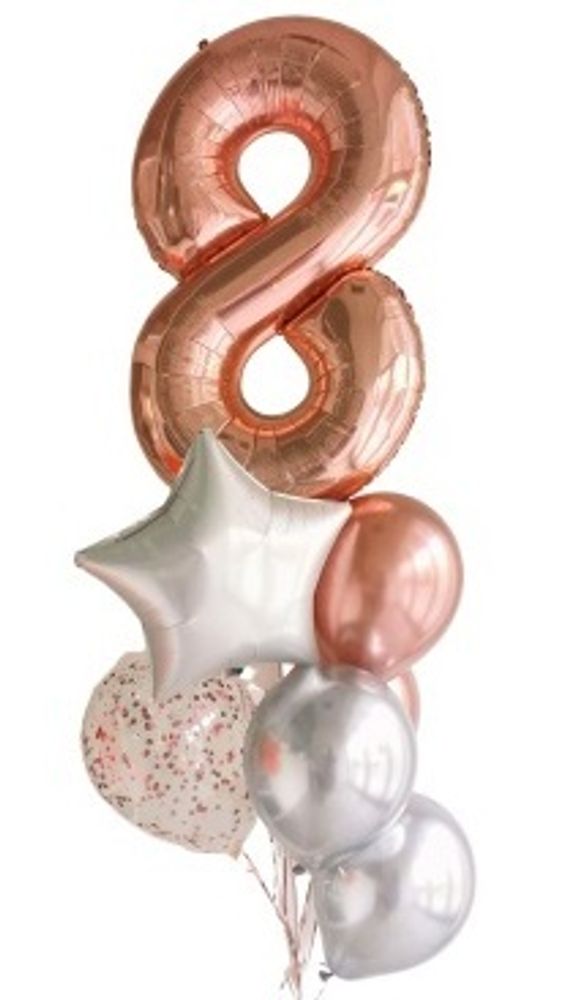 Букет из шаров с цифрой на 8 лет цвета розовое золото и серебро