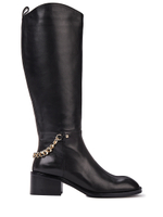 Женские чёрные сапоги из кожи на молнии с цепью