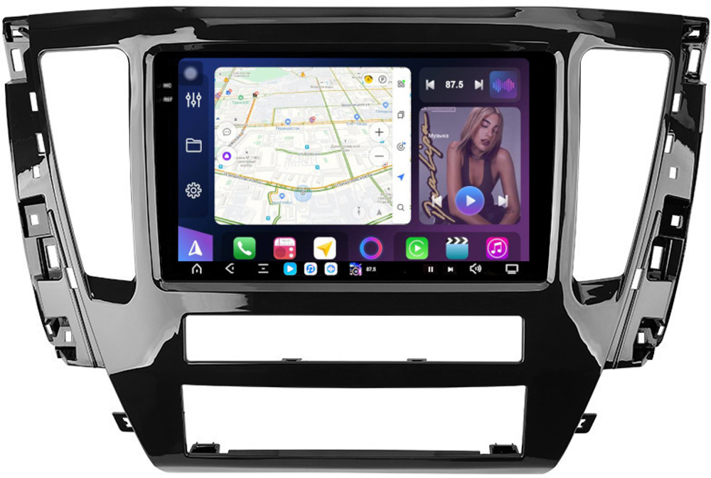 Магнитола Mitsubishi Pajero Sport 3 2020-2024, Montero Sport (прямоугольный климат, рамка 9) - FarCar GX9-7076N9 монитор 9.5" 2K QLED на Android 14, TS20, 6+128Гб, CarPlay, 4G SIM-слот