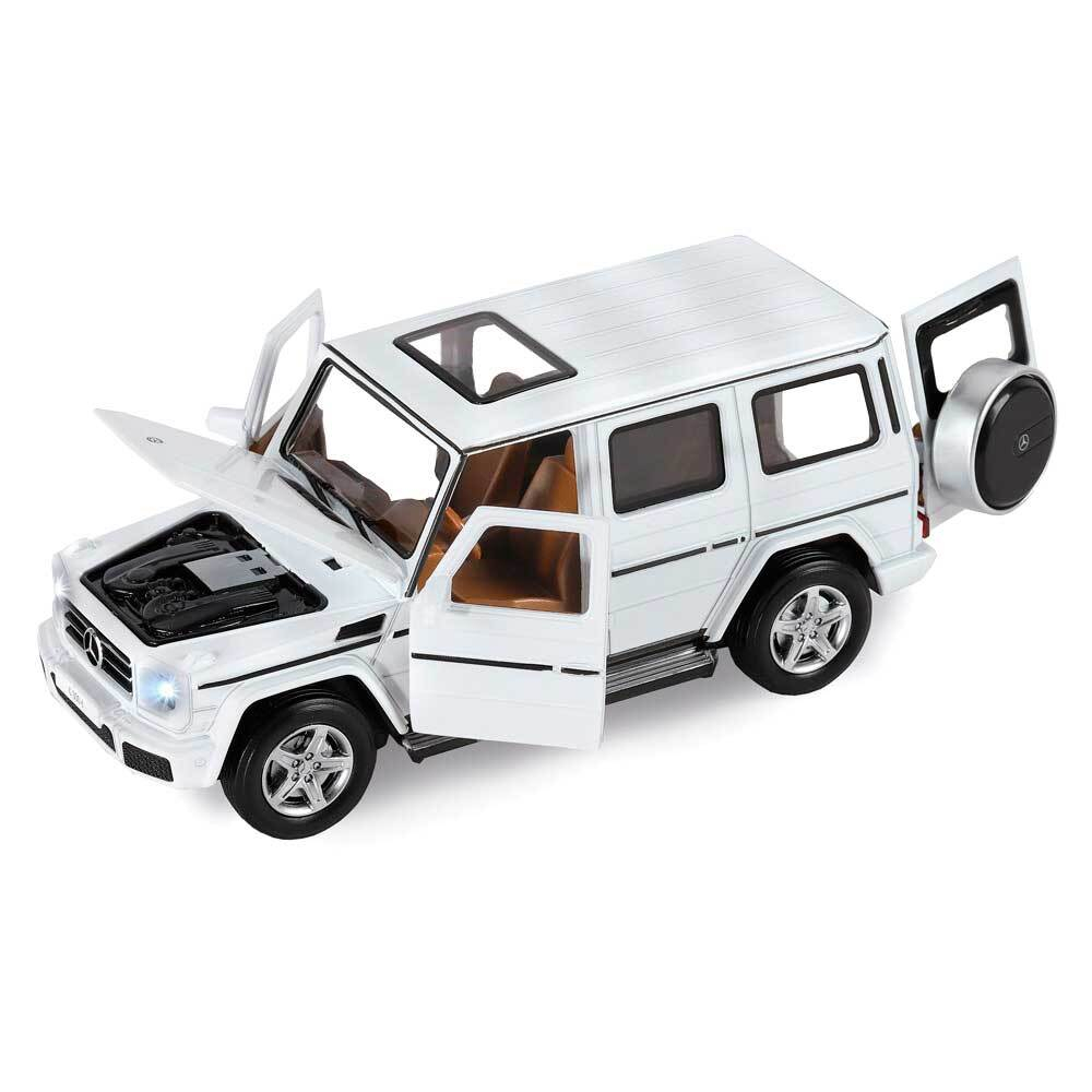 Модель 1:32 Mercedes-Benz G350d, белый, откр. капот, передние и задняя двери, свет, звук, инерция