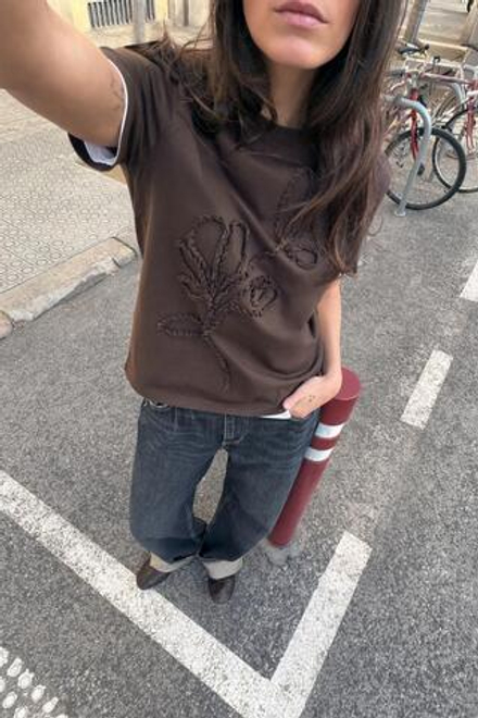 ZARA ФУТБОЛКА С РЕЛЬЕФНЫМИ БАНТАМИ, КОРИЧНЕВЫЙ