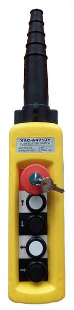 Пульт 4 кнопочный, 1 ступенчатые кнопки+СТОП БУТОН+ключ (ХАС-А4713Y), защита IP65