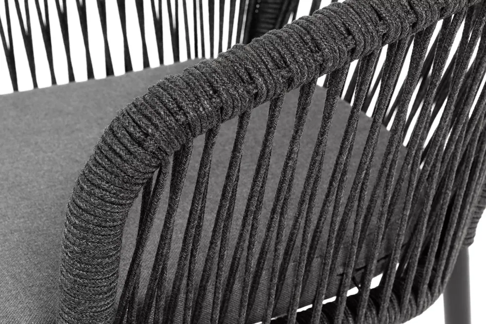 "Марсель" стул плетеный из роупа, каркас алюминий черный муар, роуп темно-серый круглый, ткань темно-серая 027