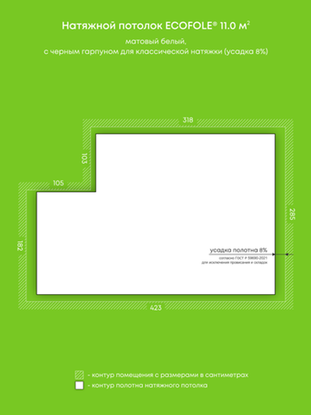 Матовый натяжной потолок 11 м2