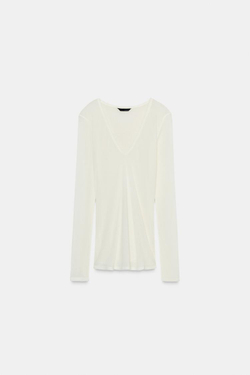 ZARA ФУТБОЛКА С V-ОБРАЗНЫМ ВЫРЕЗОМ, ЖЕЛТОВАТО-БЕЛЫЙ
