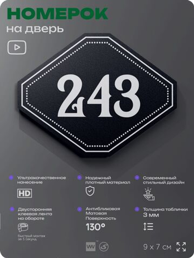 Номерок на дверь квартиры 243, для кабинета, офиса, шильдик 9 х 7 см, черный, Айдентика Технолоджи