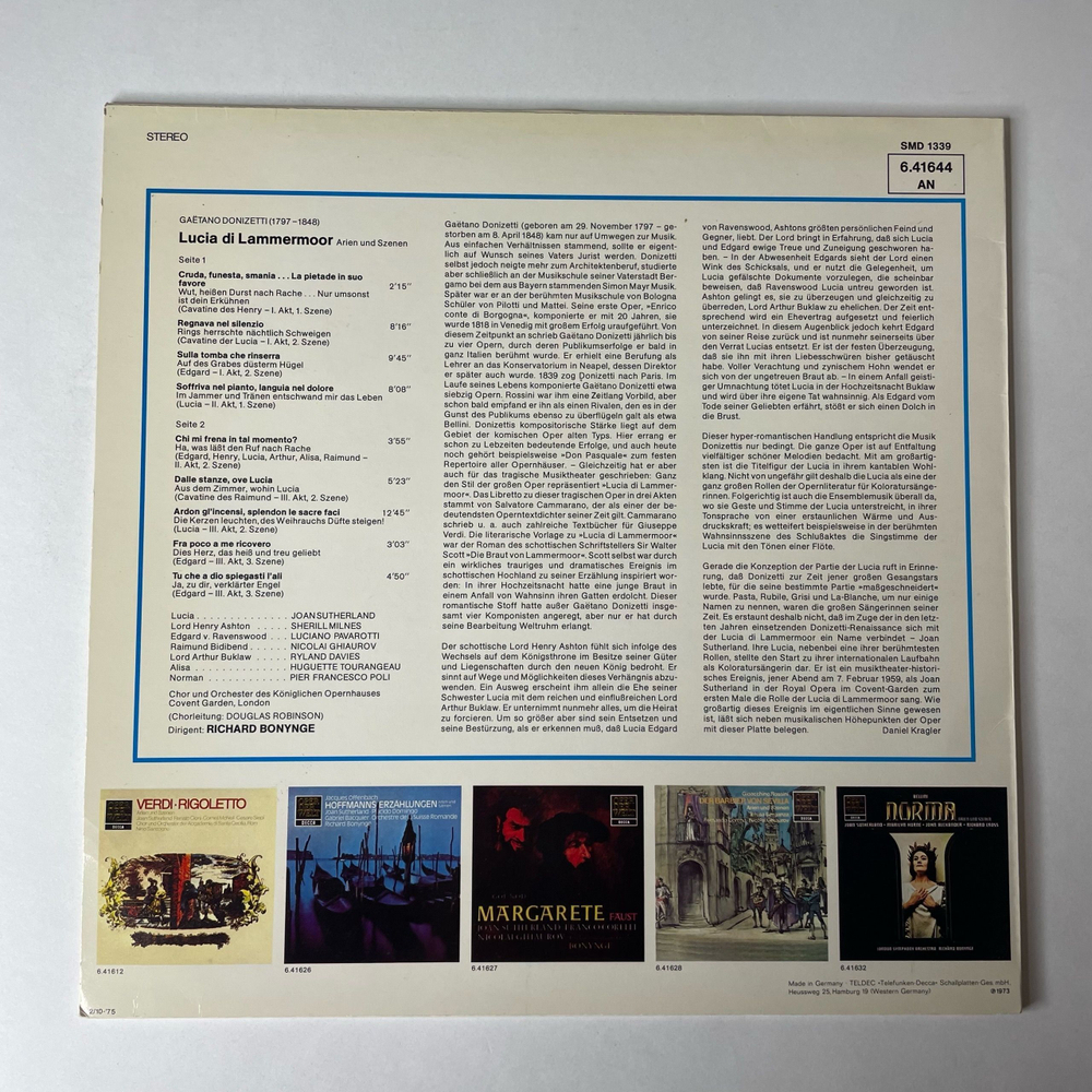 Винтажная виниловая пластинка LP Donizetti, Sutherland, Pavarotti, Orchestra Of The Royal Opera House, Опера Лючия ди Ламмермур Lucia Di Lammermoor (Arien Und Szenen) (Германия 1976)