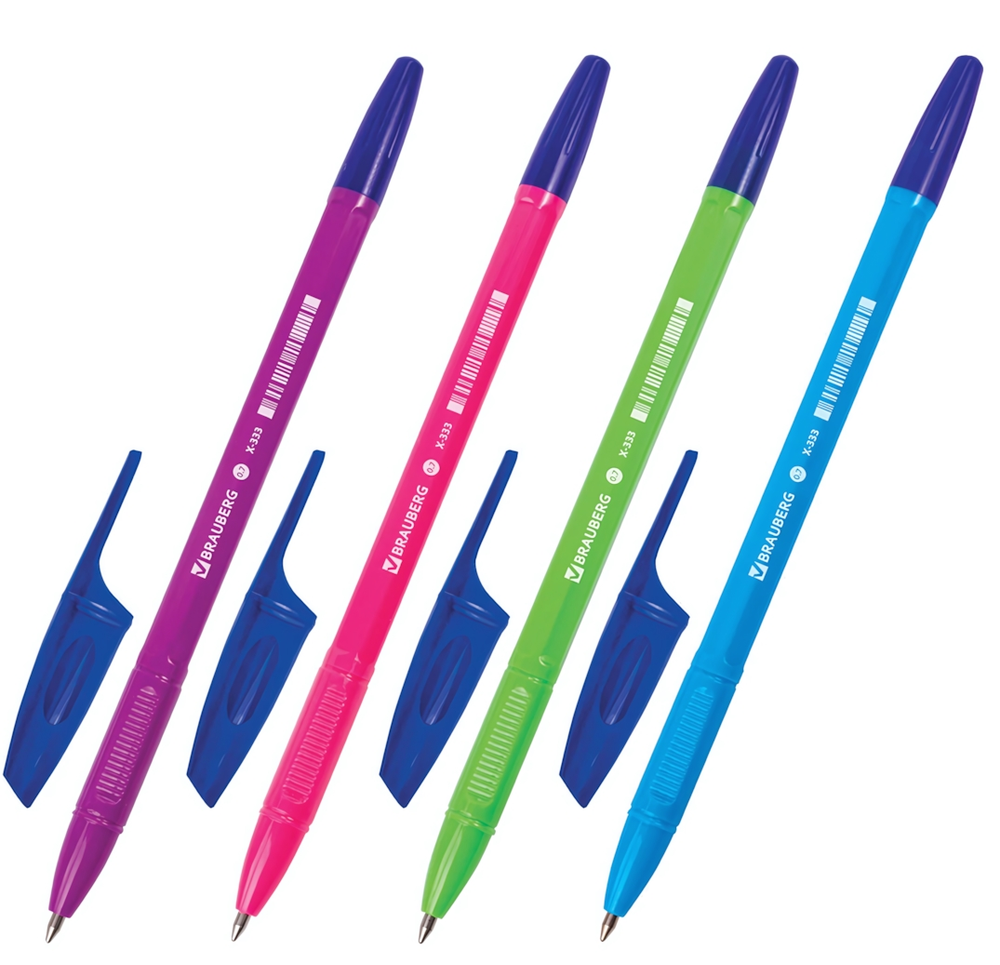 Ручка шарик. узел 0,7 мм. линия 0,35 мм. X-333 neon solid, синяя, корпус ассорти (BRAUBERG)