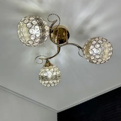 Люстра потолочная с лампочками, с хрусталем, на кухню, золотая, E27