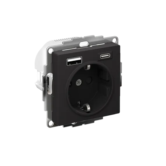 Розетка AtlasDesign 16А с 2-мя заряд. устройствами USB тип A+C 5В/2.4А 2х5В/1.2А механизм карбон SE ATN001032