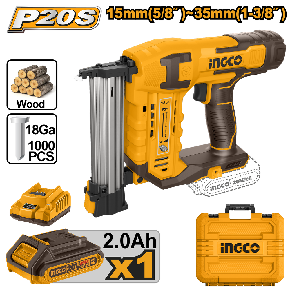 Аккумуляторный гвоздезабиватель нейлер INGCO CBNLI3508 INDUSTRIAL 20 В 1x2 Ач
