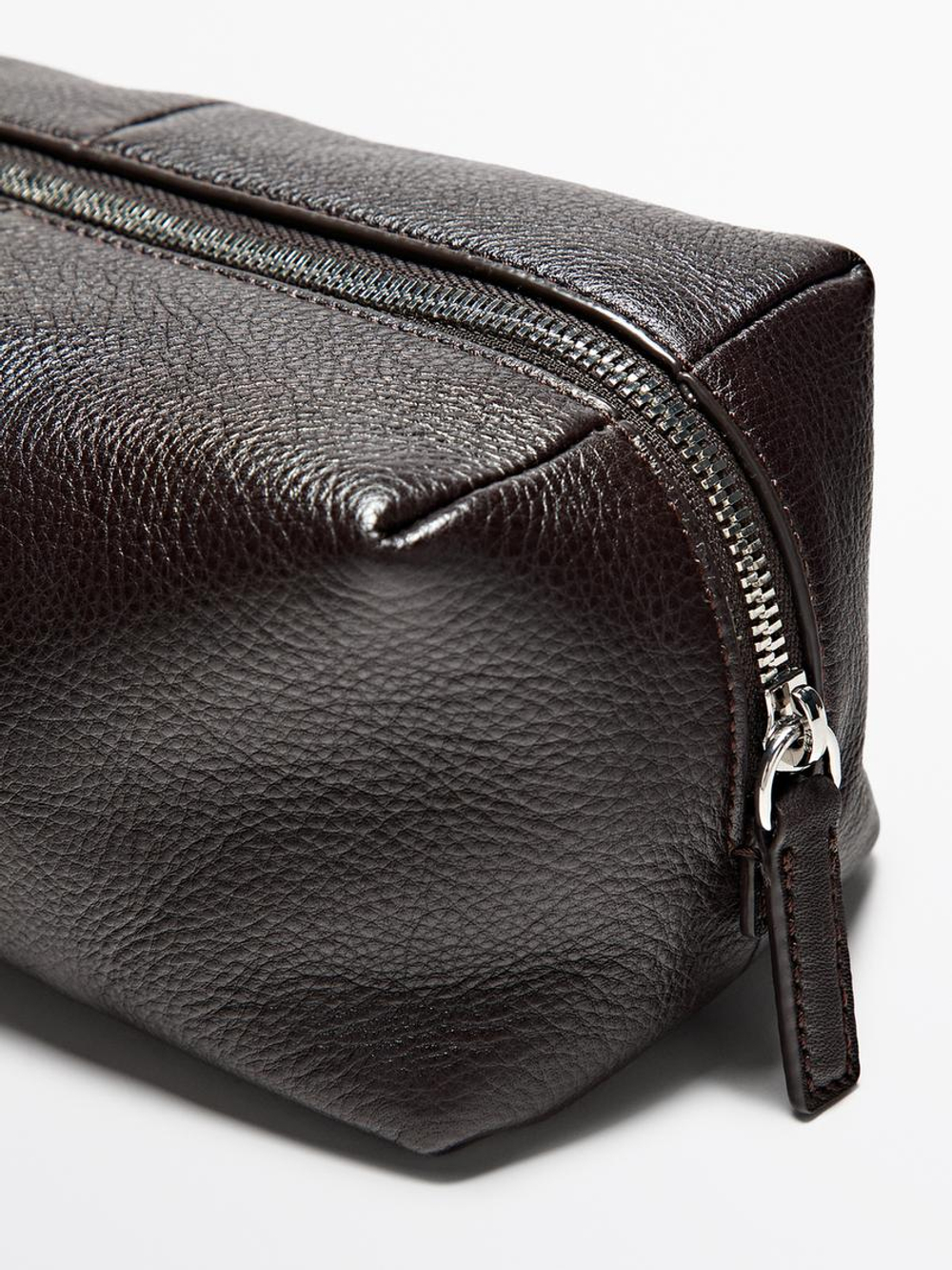 Massimo Dutti Косметичка из кожи наппа с застежкой-молнией, коричневый
