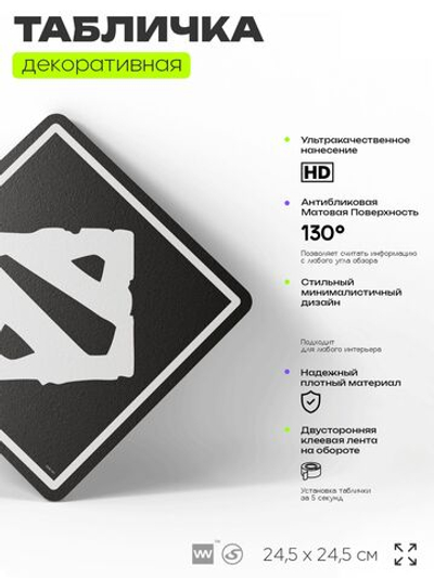 Табличка декоративная "Дота 2, Dota 2" на дверь и стену, прикольная штука в подарок геймеру, декоративный знак, 24,5х24,5 см, Айдентика Технолоджи