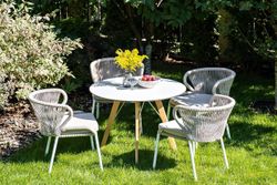 "Милан" стул плетеный из роупа, каркас алюминий белый шагрень, роуп бежевый круглый, ткань бежевая