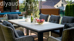 Обеденный комплект стол ПАРКЛЭНД  + 8 кресел из искусственного ротанга БЕРГАМО (цвет серый/коричневый)