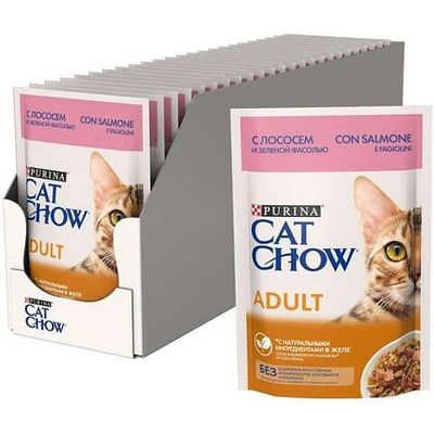 Влажный корм Cat Chow® для взрослых кошек с лососем и зеленой фасолью в желе, Пауч 85 г